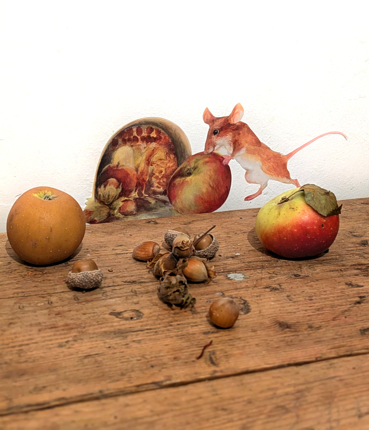 Autumn mouse hole decal with apple and cobnuts