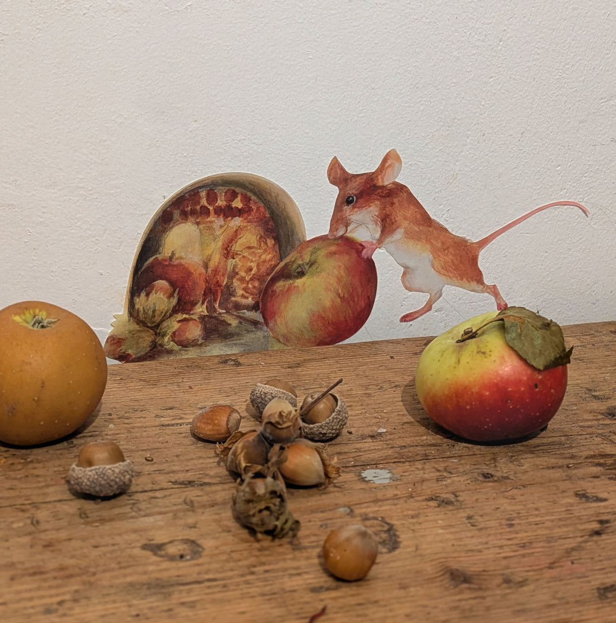 Autumn mouse hole decal with apple and cobnuts