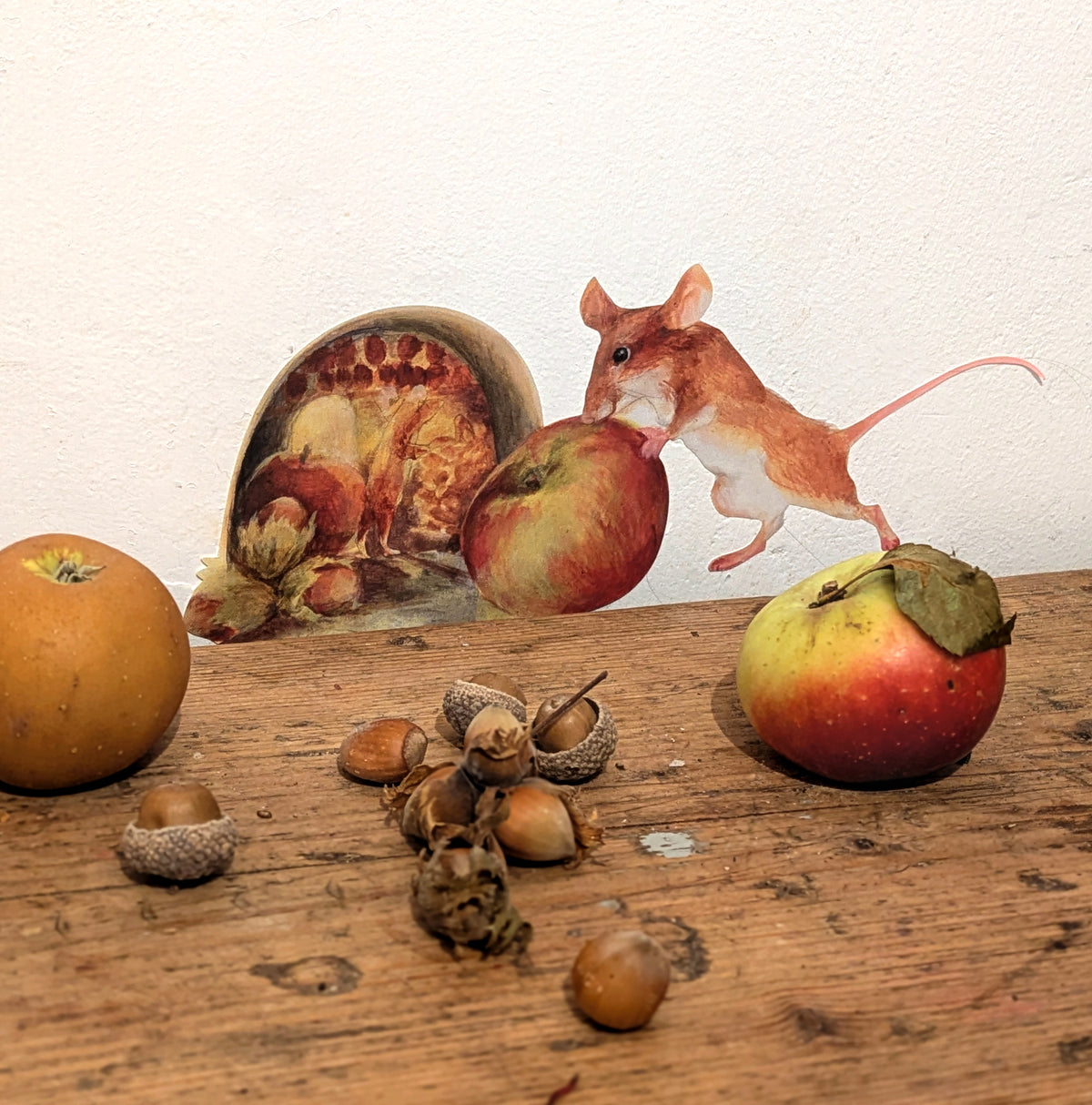 Autumn mouse hole decal with apple and cobnuts