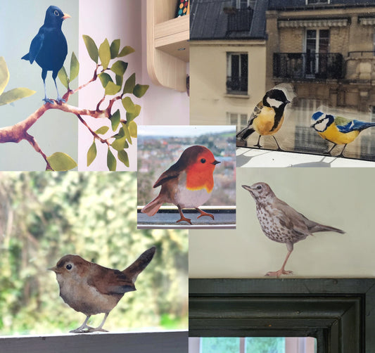 images of 6 british bird fabric wall decals making up the mice of slad road songbird collection