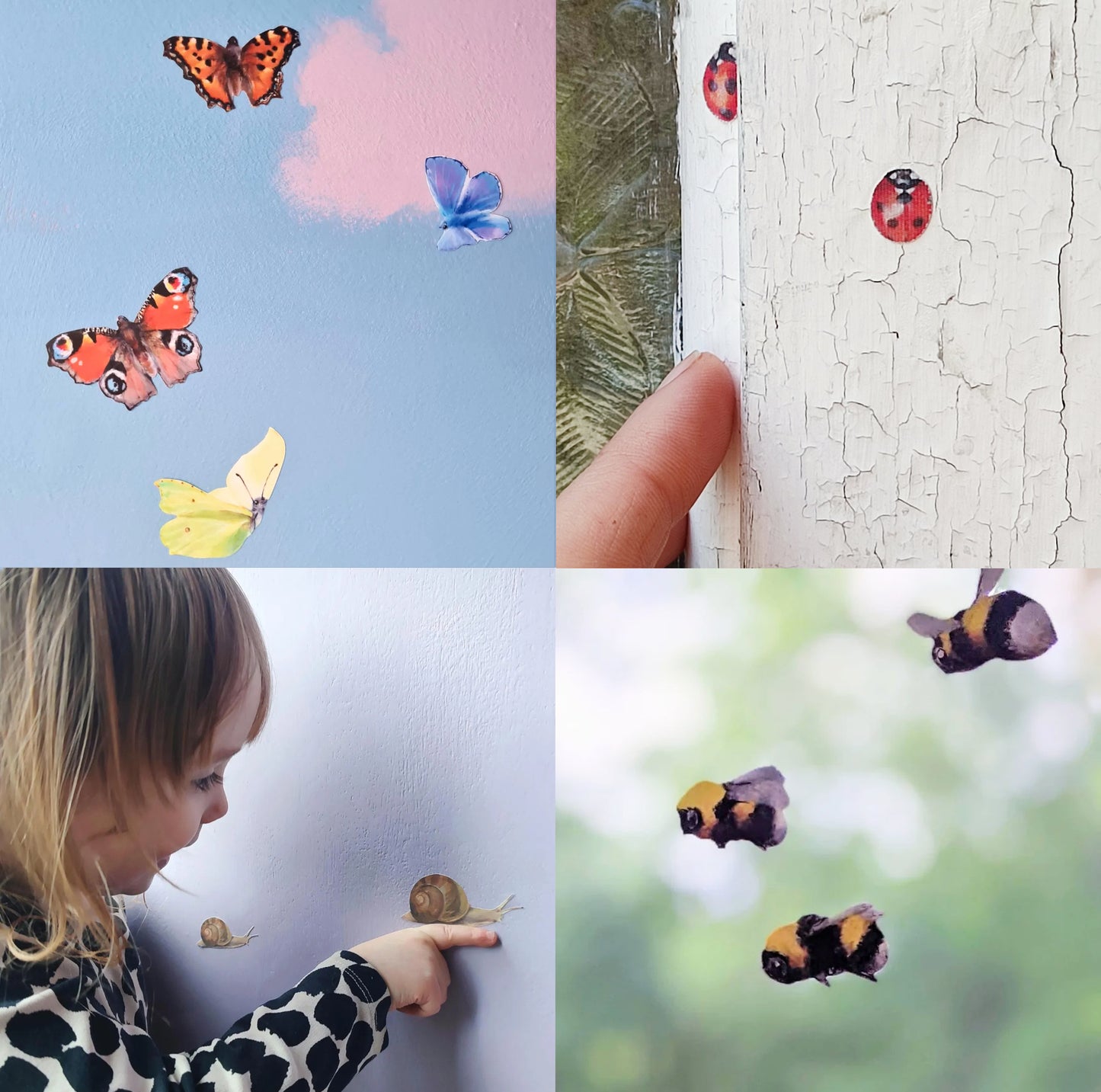 an image of four british butterly decals, an image of 2 ladybird decals with a finger for scale, an image of a irl looking at 2 snail wall decals and an image of  bee walls stickers stuck on a window