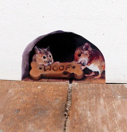 fabric wall decal picturing 2 mice eating a dog biscuit