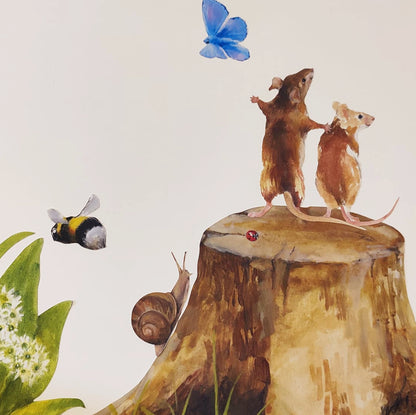 mice on a tree stump with insects decals