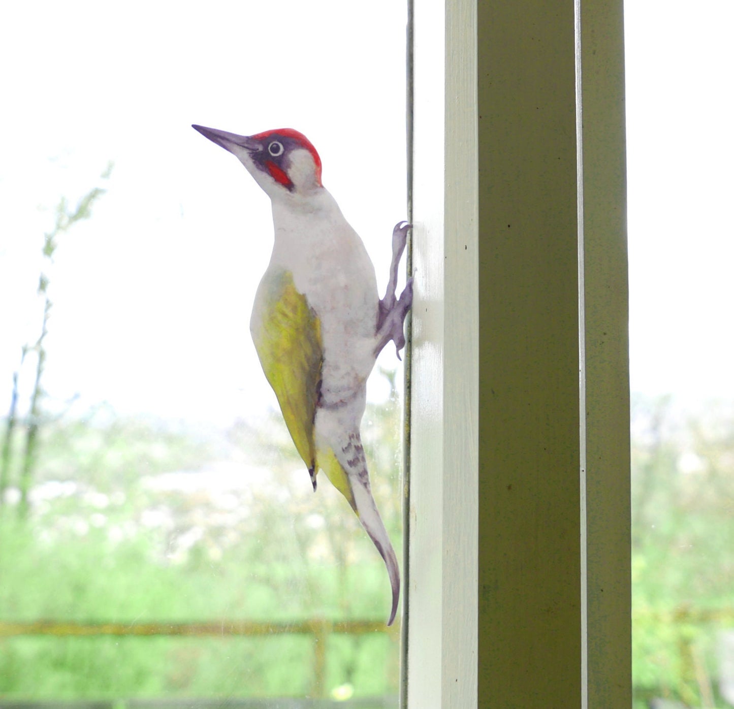 Green woodpecker wall decal perched on a window