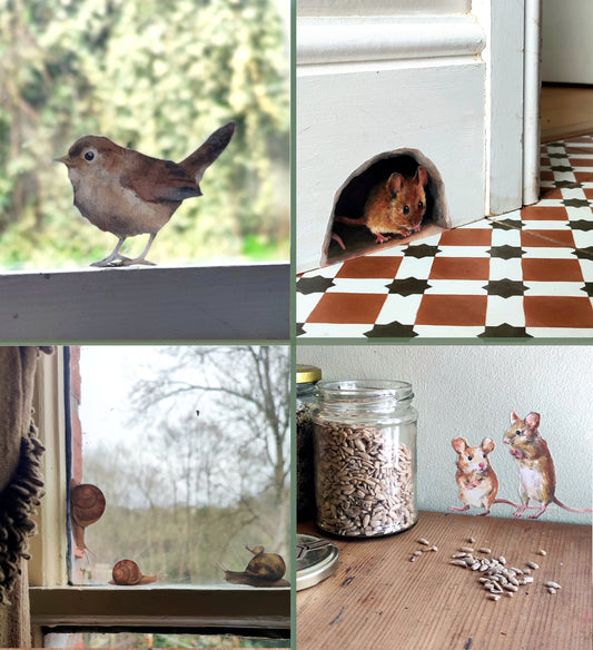 images of 4 wall decals- a wren on a window, a mouse hole in the skirting board, 3 snails on a window, 2 mice with some sunflower seeds