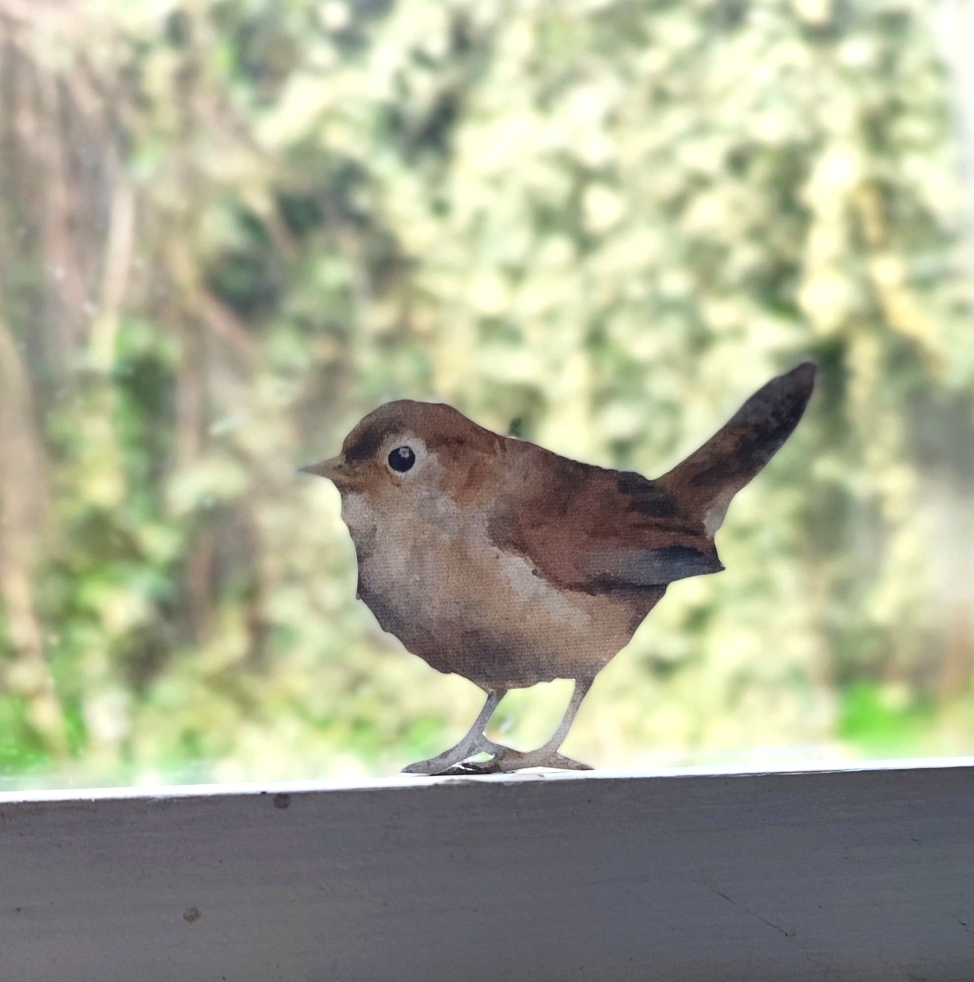 a wall decal of realistic wren stuck on a window with greenery behind